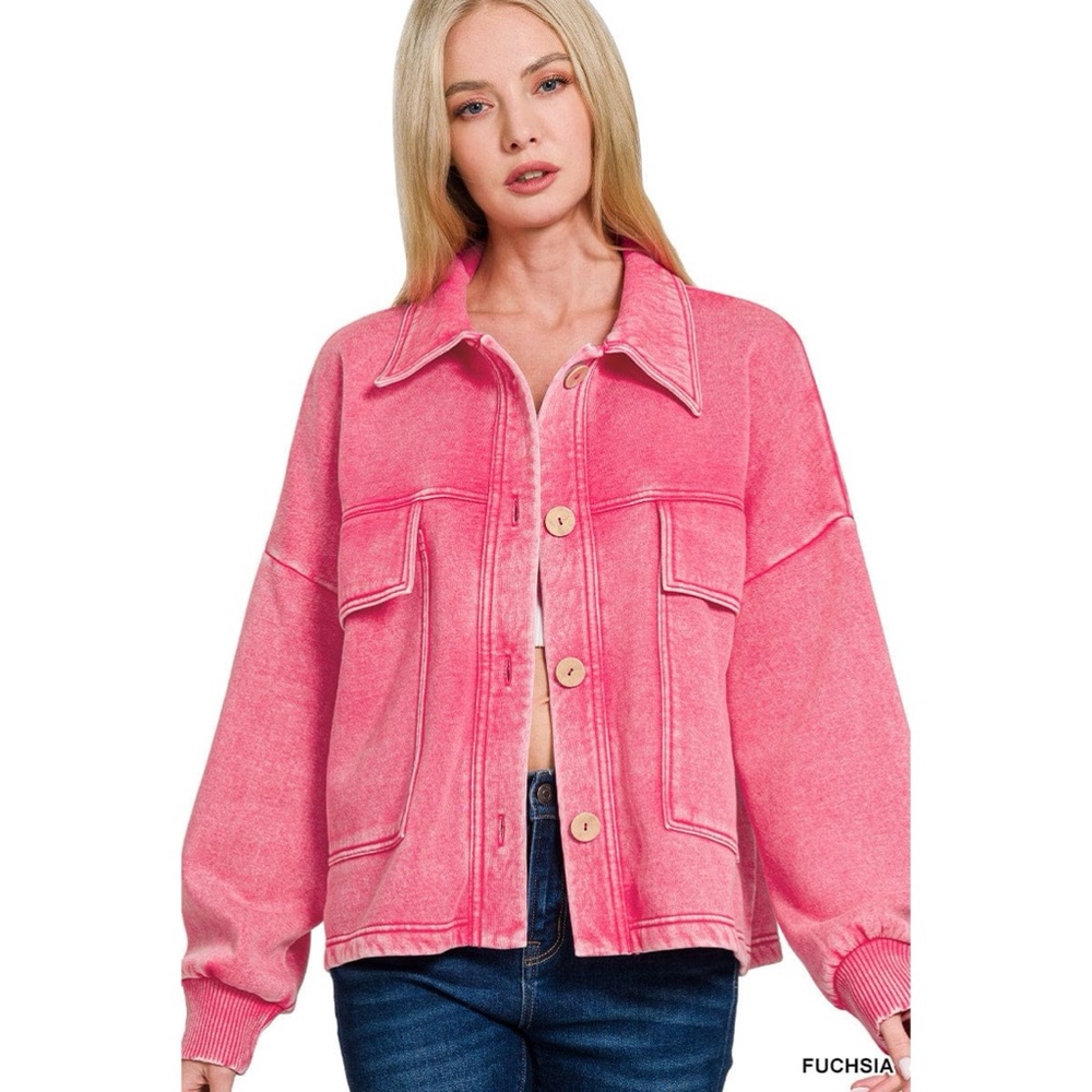 Zenana NWT Women’s Fuchsia Acid Wash Fleece Cropped Shacket L/XL